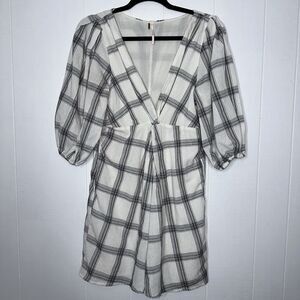 Free People Women’s Miss Molly Mini Dress Plaid Puff Sleeve White Size 6